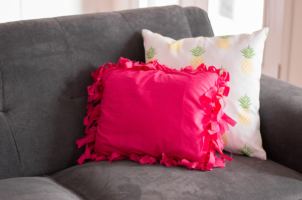 Adding a touch of colour to my otherwise neutral living room with my DIY No-Sew Pillows.