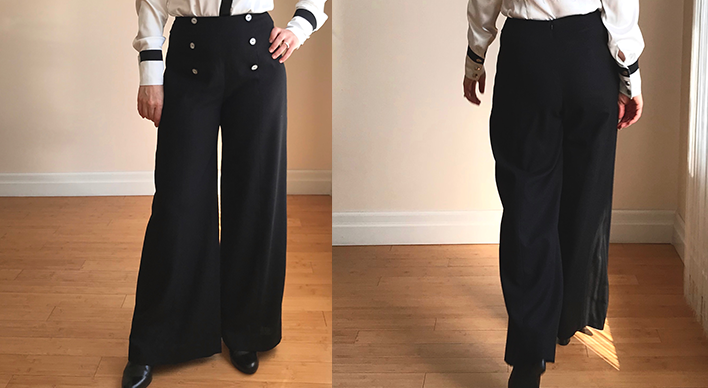 Wide-legged marine style black linen trousers