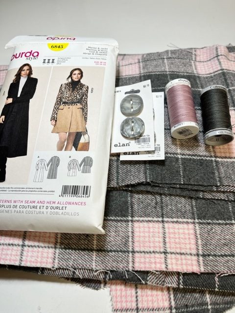 Burda 6845, grey buttons, grey-pink plaid fabric, pink and grey thread