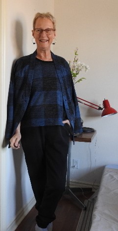 All dressed up and cozy for winter, Karine cardigan over Dolman and Vanessa pants