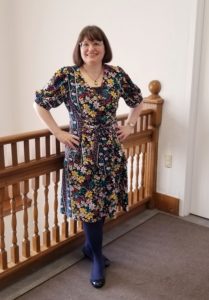 Floral rayon blouse and skirt in jewel tones on navy