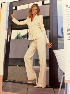 photograph of Burda magazine model wearing white trouser suit