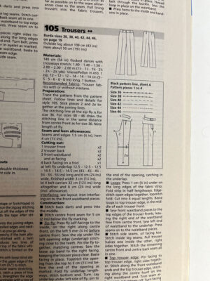 Burda magazine instructions for white pants